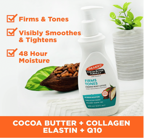 Palmer's Cocoa Butter Formula Skin Firming Body Lotion, Toning & Tightening Cream with Q10, Collagen & Elastin, Pump Bottle, 13.5 Oz.