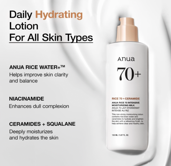 ANUA Rice 70 Intensive Moisturizing Milk, Lotion for Deep Hydration and Nourishing, Glowy Glass Skin, Rice Water, Niacinamide, Ceramides, Lightweight, Korean Skincare, 150ml/ 5.07 fl.oz. - Image 4