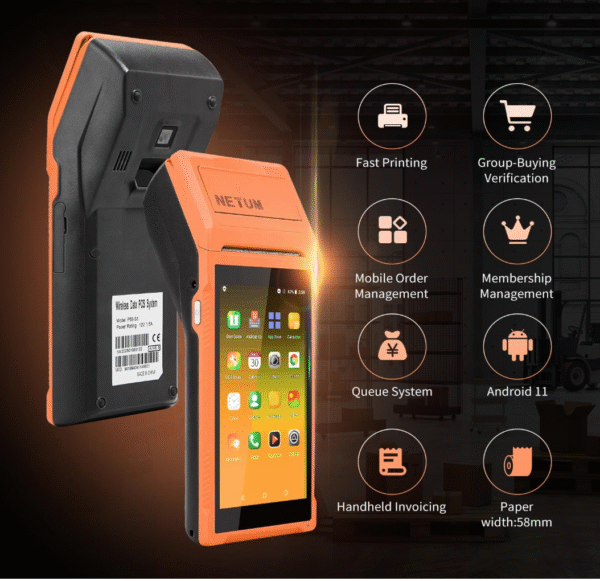 NETUM Handheld PDA Android 11.0 POS Terminal with Receipt Printer, Data Collector, Portable Barcode Scanner, Handheld Bluetooth USB WiFi BT4.0, Includes 58 * 35 Paper Scroll - Image 2