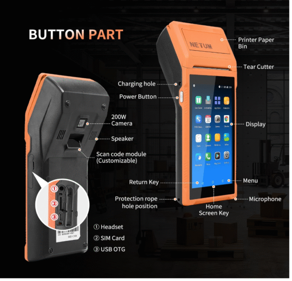 NETUM Handheld PDA Android 11.0 POS Terminal with Receipt Printer, Data Collector, Portable Barcode Scanner, Handheld Bluetooth USB WiFi BT4.0, Includes 58 * 35 Paper Scroll - Image 8