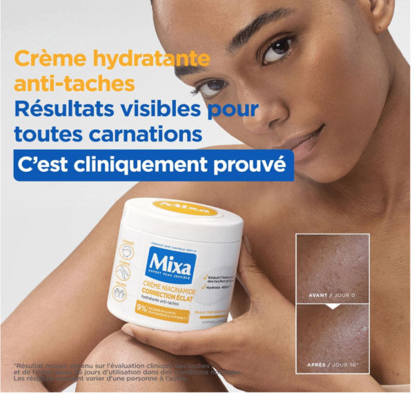 Mixa - Crème Hydratante Anti-Taches au Beurre de Karité, à la Niacinamide et à la Vitamine C - Adaptée au Visage, Corps et Mains - Hypoallergénique - 400ml - Image 3