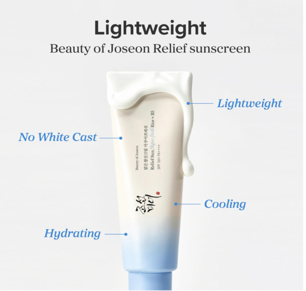 Beauty of Joseon Relief Sun Aqua-Fresh Crème solaire Riz + Panthénol SPF 50+ PA++++ Protecteur UV quotidien léger pour peaux sensibles à tendance acnéique Soins de la peau coréens pour hommes et femmes 50 ml - Image 5