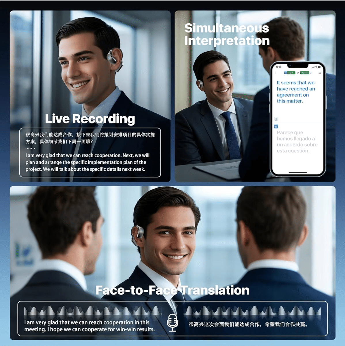 Écouteurs de traduction AI OWS Écouteurs de traduction en temps réel 144 langues et accents, traduction bidirectionnelle pour les voyages d'affaires et l'apprentissage Compatible avec iOS et Android Noir - Image 4